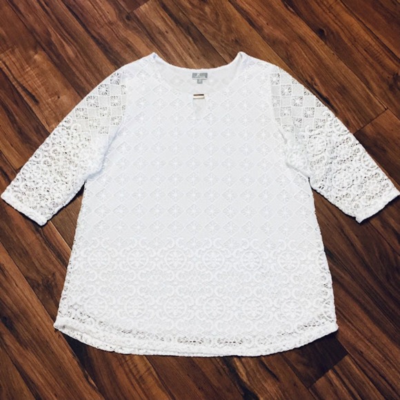 JM Collection Crochet Lace 3/4 Sleeve Keyhole Double Layered Tunic Top White  XL - Picture 9 of 10
